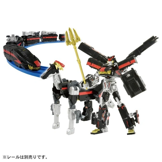  Black and red transforming toy set: train on track, centaur holding trident, and robot figure.