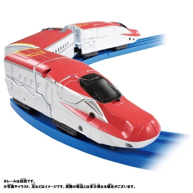  Red and white toy bullet train on blue tracks. Two train cars are visible.