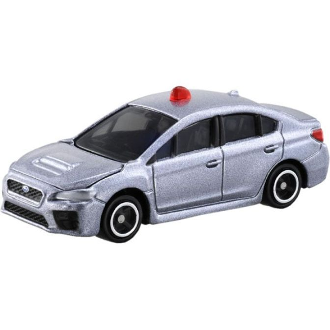 Silver toy Subaru WRX police car with red light on top.