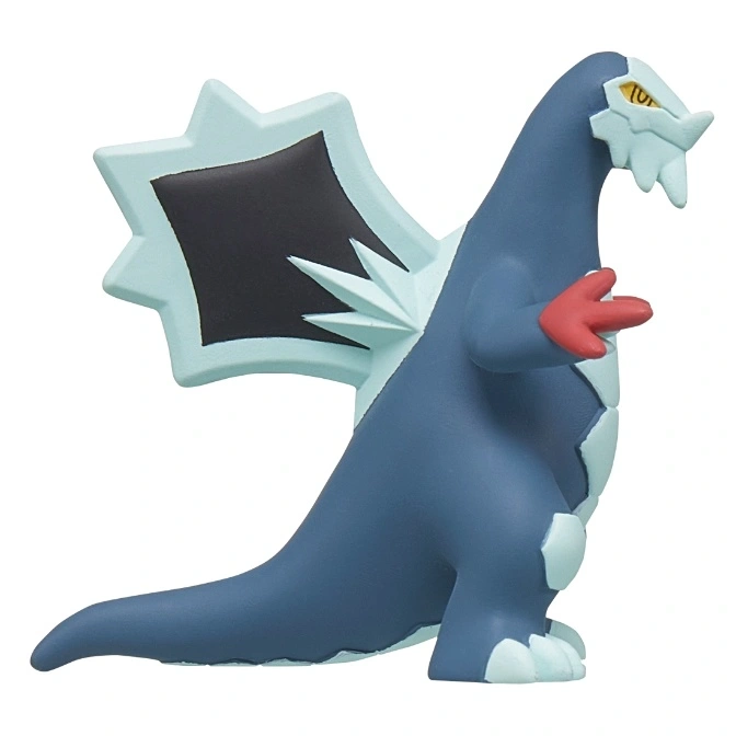  Blue and white dragon toy with red hand raised.