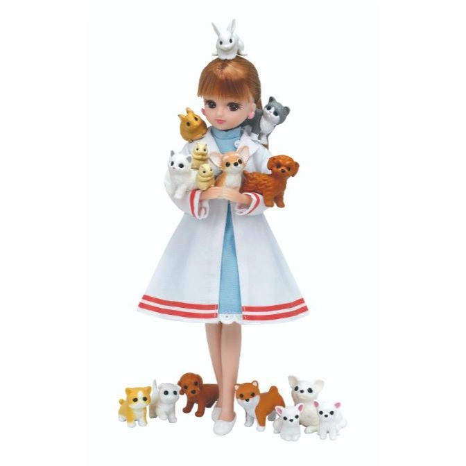  Licca-chan doll dressed as a vet, surrounded by toy animals, including dogs, cats, a hamster, and a rabbit.