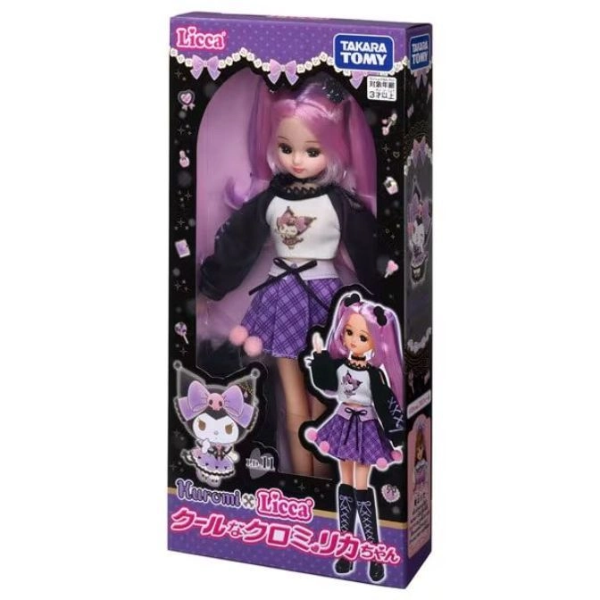  Licca doll in Kuromi-themed outfit, purple hair, in box. Takara Tomy toy.
