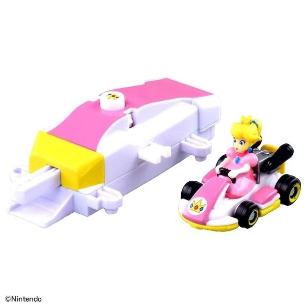 Princess Peach toy car with launcher. Pink and white design.