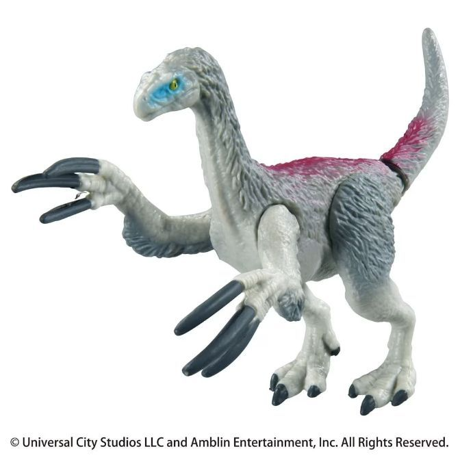  Therizinosaurus dinosaur toy with long claws and gray and pink coloring.