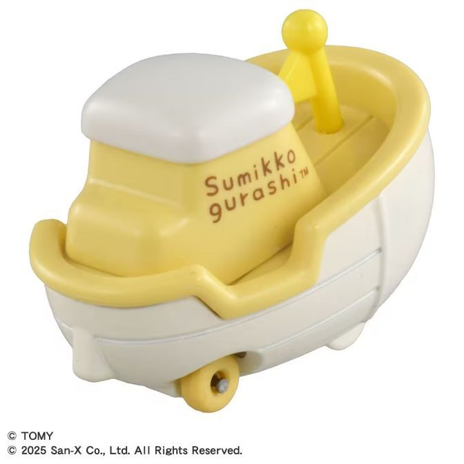  Sumikko Gurashi boat toy with yellow cabin and white hull, featuring a steering wheel and rolling wheels.