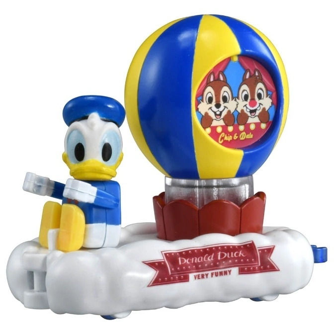 Donald Duck toy car with Chip & Dale balloon. "Donald Duck VERY FUNNY" is printed on the car.