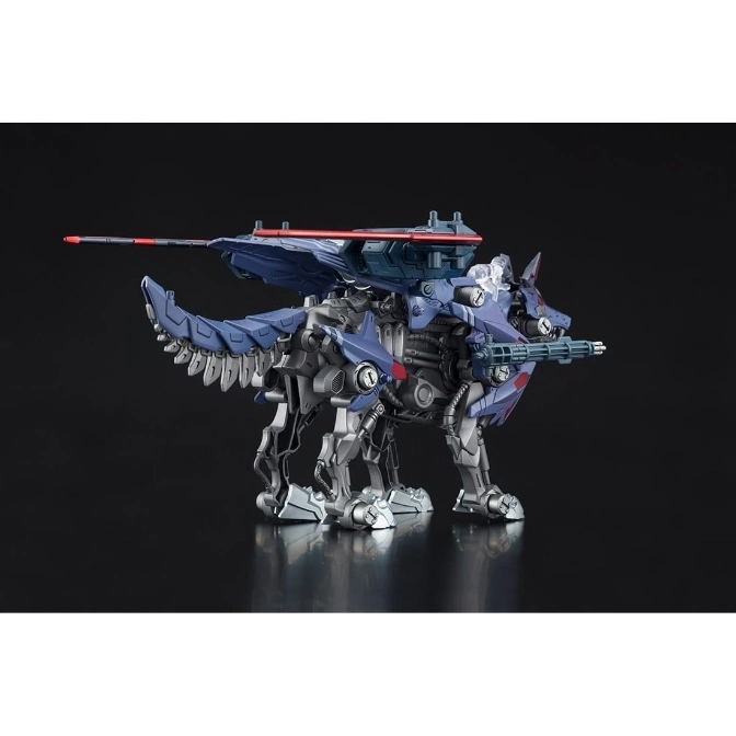  Blue robotic wolf toy with a long gun on its back and a smaller gun on its head.