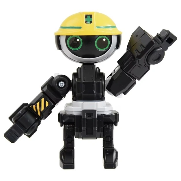  Toy robot with yellow hard hat, black body, and articulated arms.