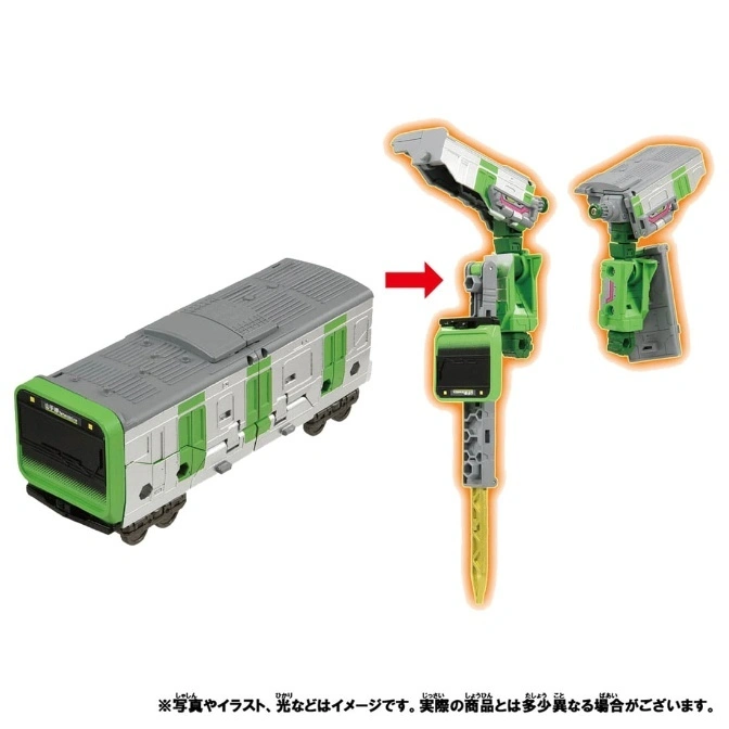  Toy train transforming into a robot. The train is gray and green. The robot is green and gray.