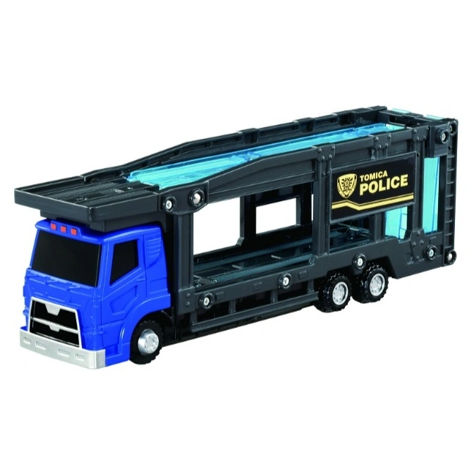  Blue and black Tomica Police car carrier toy truck with two levels for transporting vehicles.