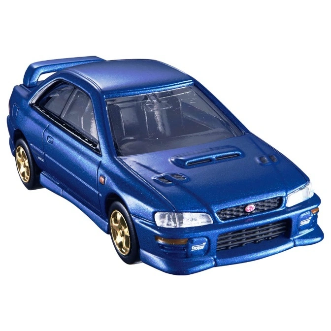  Blue Subaru Impreza WRX STI toy car with gold wheels and a rear spoiler.