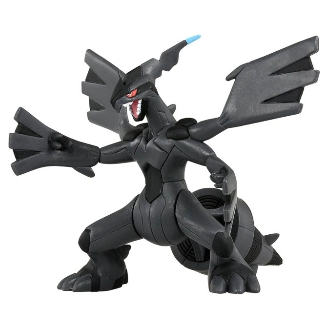 Zekrom action figure in a dynamic pose, showcasing its black body, wings, and blue accent.
