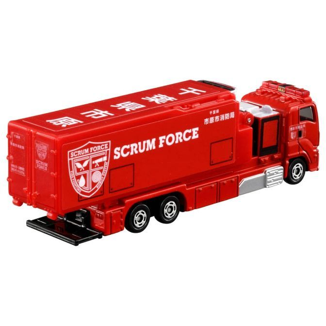  Red toy fire truck with "SCRUM FORCE" logo. A miniature emergency vehicle.