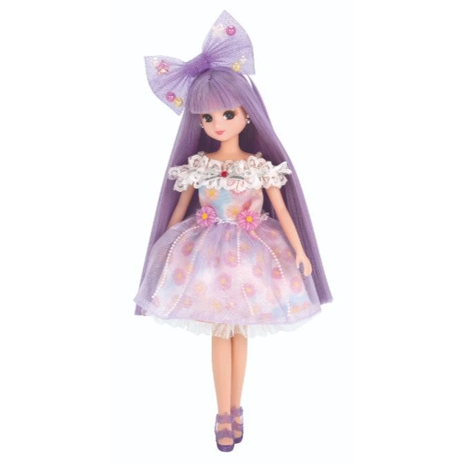  Licca doll with purple hair, bow, and floral dress.