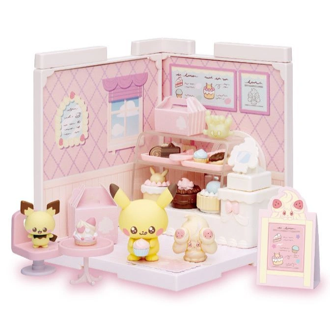 Pokémon bakery playset with Pikachu and other figures, display case, table, and menu board.