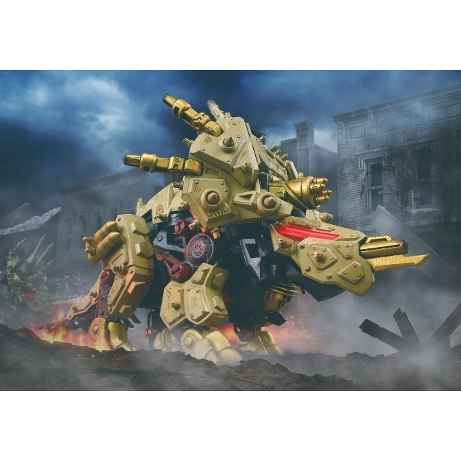  Armored dinosaur toy with gold accents, standing amidst rubble and smoke.