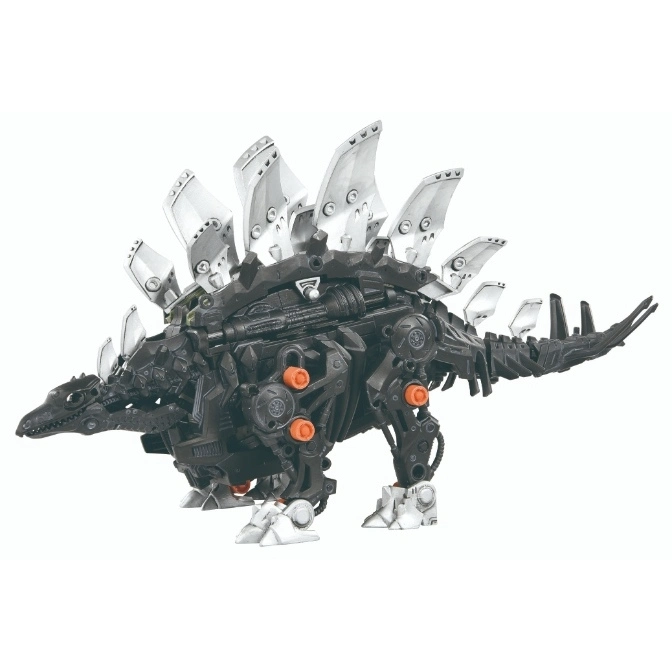  Black robotic Stegosaurus toy with silver plates and orange accents.