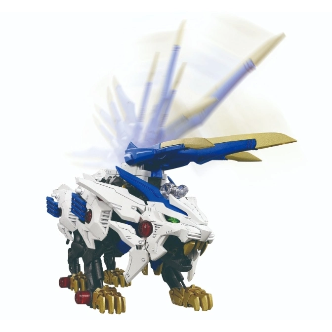  White and blue Zoids Liger Zero toy with moving blades.