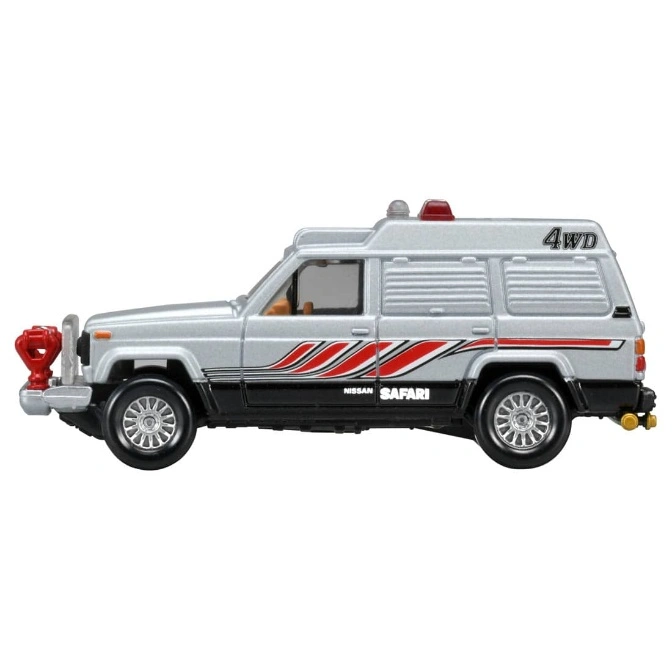  Silver toy Nissan Safari 4WD with red accents and emergency lights.