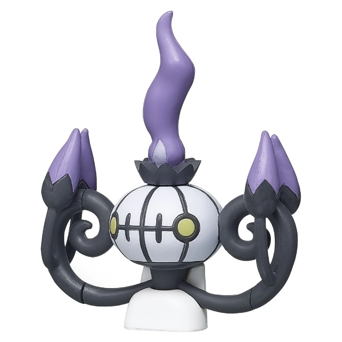  Chandelure toy figure with purple flame, white body, and dark gray arms.