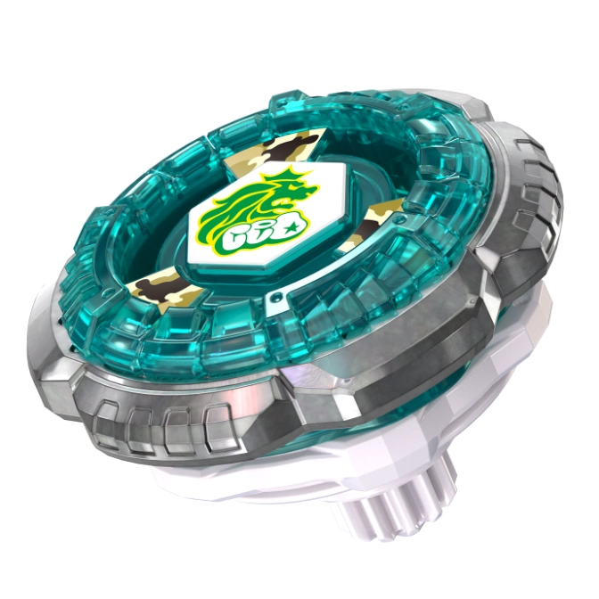 Beyblade toy with a green dragon emblem, teal accents, and a silver and white base.