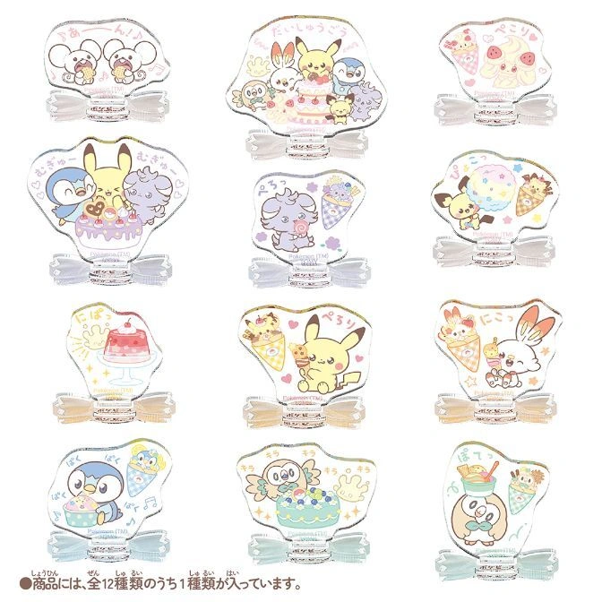  Pokemon dessert-themed acrylic stands with ribbons. Features Pikachu, Piplup, and other characters with cakes and ice cream.