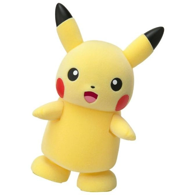 Yellow Pikachu toy with black-tipped ears, red cheeks, and a cheerful expression.