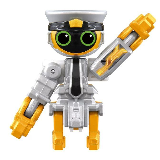  Toy robot figure with a hat, green eyes, and yellow and silver body.