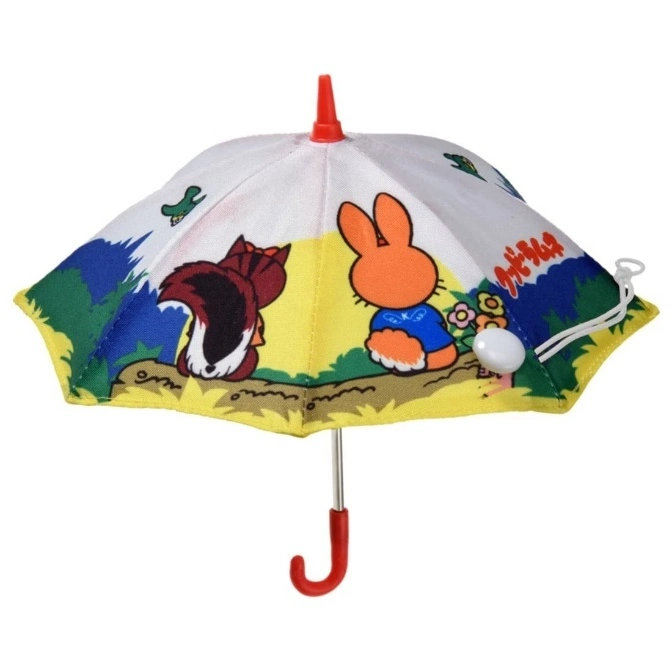  Cartoon umbrella with rabbit and raccoon design, red handle and tip.