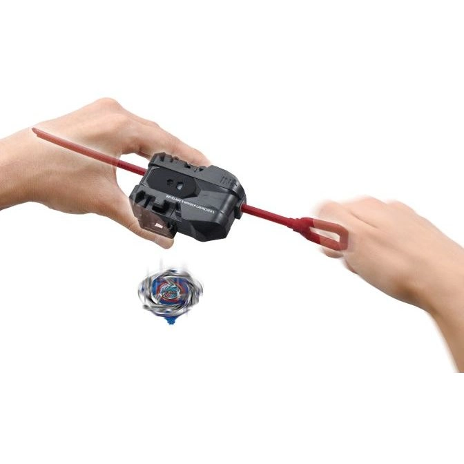  Beyblade launcher in use, spinning top below. Red ripcord being pulled.
