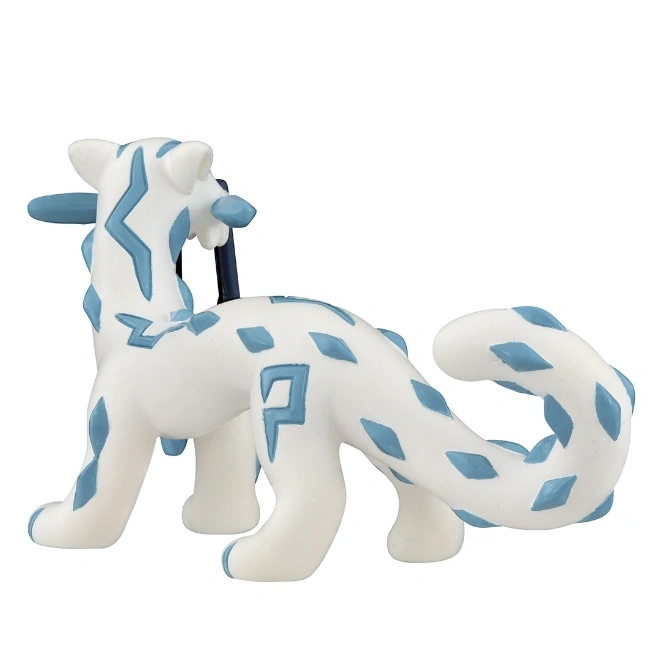  White toy creature with blue diamond markings and a curled tail.