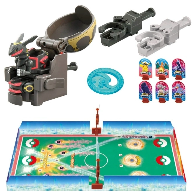Pokémon Ultimatches game set with arena, characters, launchers, and Rayquaza figure in a battle station.