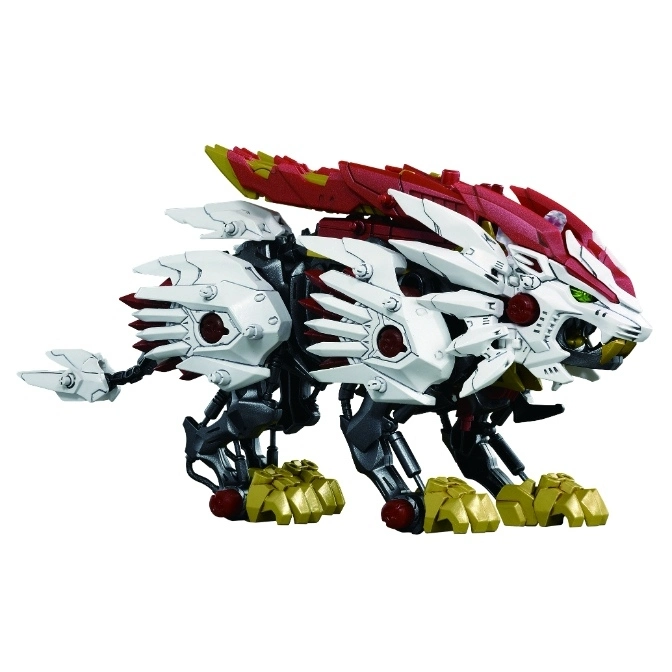  Red and white Zoids Liger toy with gold paws, standing.