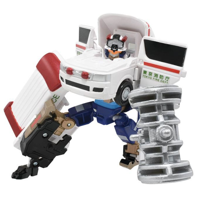 Transformer toy in robot mode, resembling a white fire truck with red accents and silver accessories.