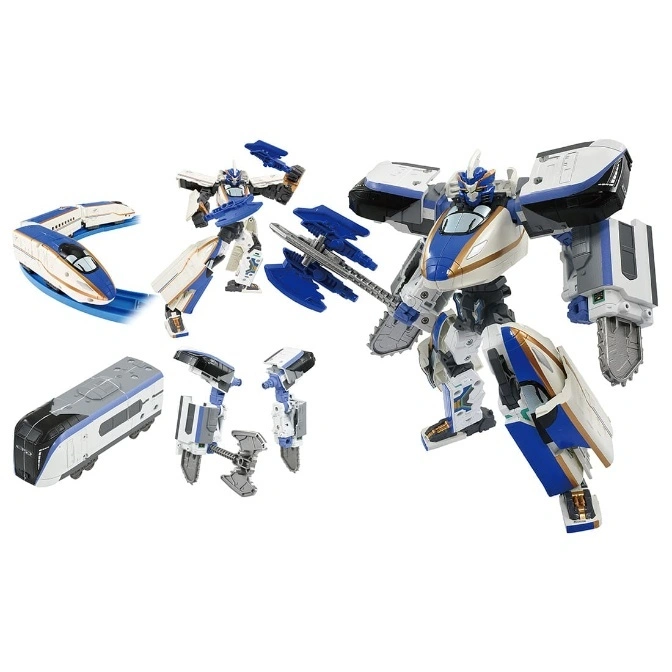  Train robot toy with transforming train cars and robot figure holding a weapon.