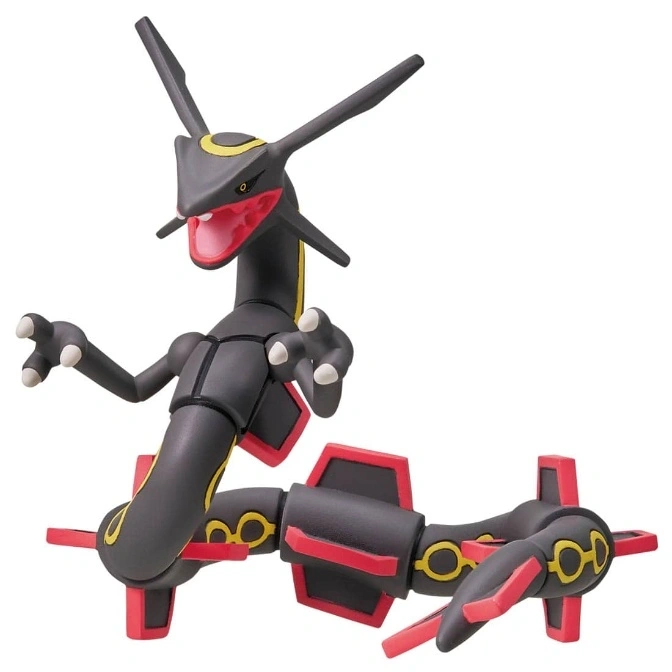 Black Rayquaza toy with red and yellow accents, posed dynamically.