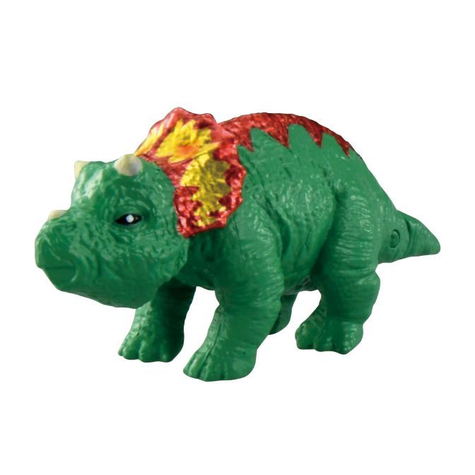  Green toy triceratops with red and yellow frill.