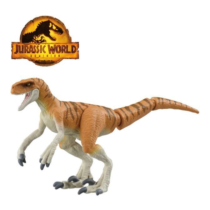 Jurassic World Dominion Atrociraptor toy with articulated tail and limbs.