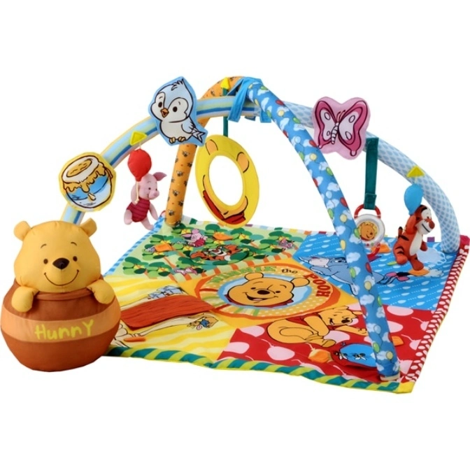 Winnie the Pooh baby activity gym with plush Pooh bear, hanging toys, and colorful play mat.