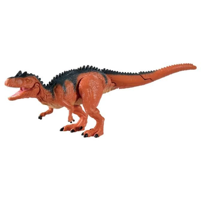 Orange Allosaurus toy with black spines, mouth open.