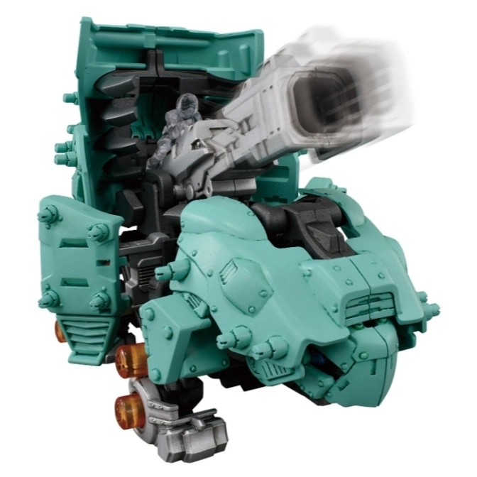 Green Zoids toy with a large cannon firing, cockpit open revealing a pilot figure.