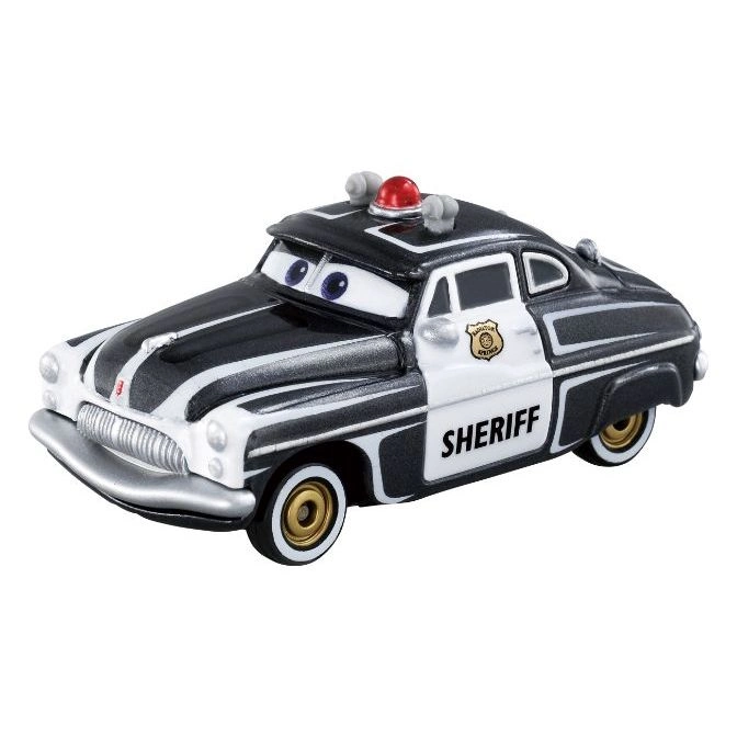 Sheriff toy car from Disney's Cars, black and white police design with gold rims.
