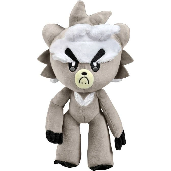  Standing grey bear plush toy with angry eyebrows and a sad face.