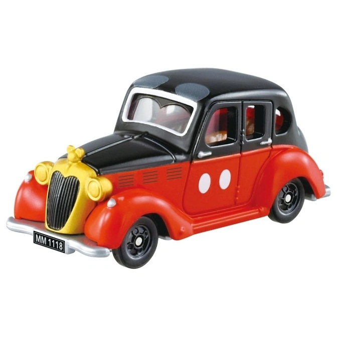  Mickey Mouse toy car with red body, black roof, and gold grill.