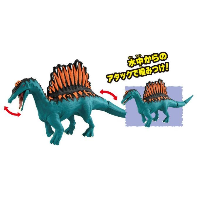  Blue Spinosaurus toy with orange sail, mouth open, tail swinging, next to smaller version.