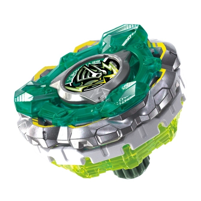  Green and silver Beyblade toy with a spinning top design.