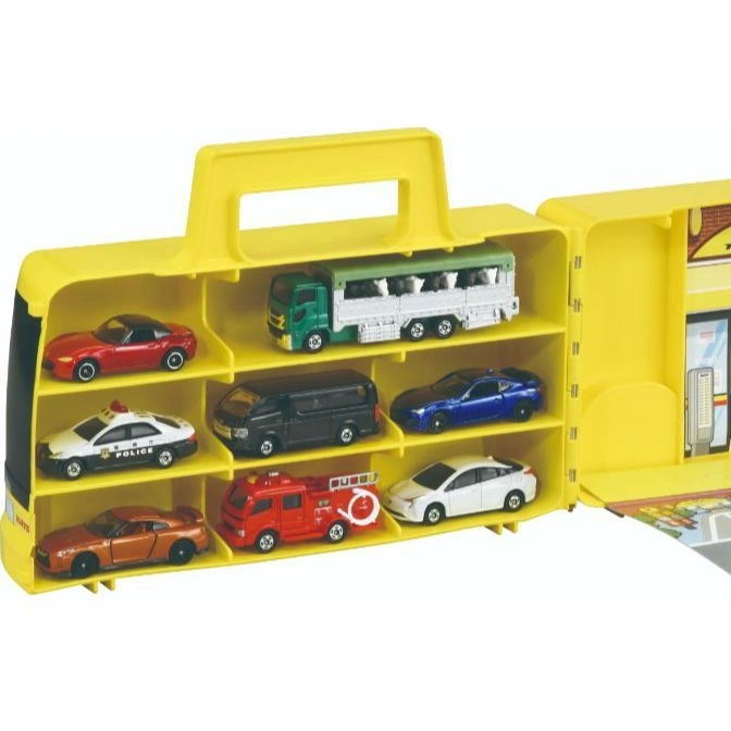  Yellow toy car carrier case with toy cars: sports car, police car, van, fire truck, and livestock truck.