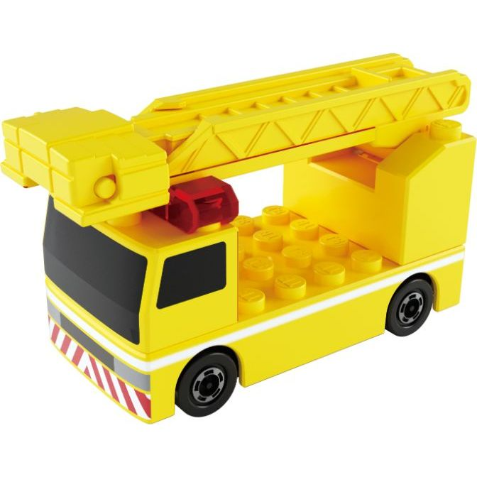  Yellow toy fire truck with a ladder on top and black wheels.