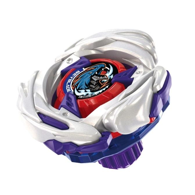 Beyblade toy with white, purple, and red layers, featuring a dragon design.