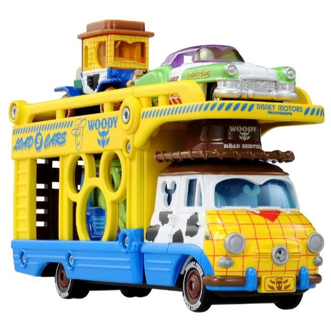  Toy Story Woody car carrier with Lightyear car on top. Yellow and blue with Woody branding.